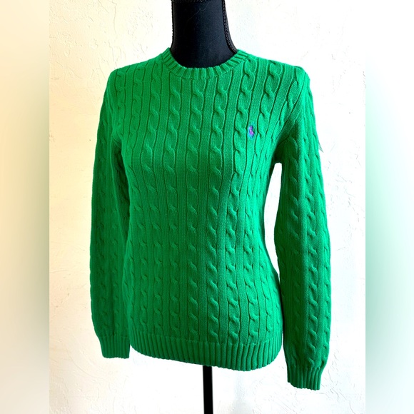 Ralph Lauren Sweaters - Ralph Lauren Sport 100% Cotton Kelly Green Cable Knit Preppy Sweater Sz L